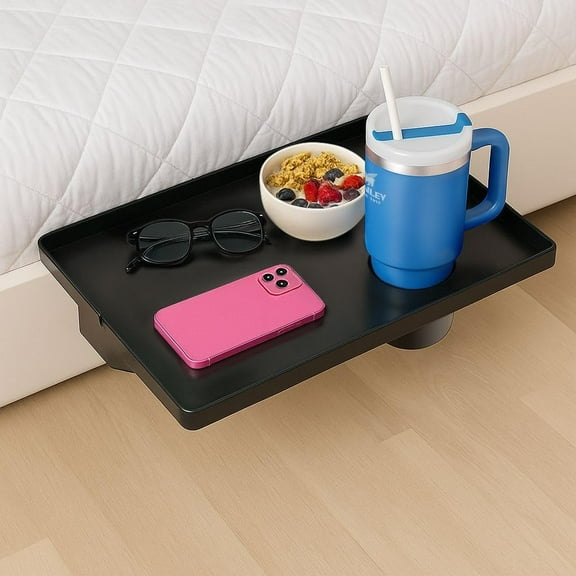 Modern Innovations Large Black Bedside Shelf for Bed, 1 Count Clip On Nightstand with Cup Holder and Cord Holder, College Dorm Bunk Bed Shelf for Top Bunk or Kids Bedroom