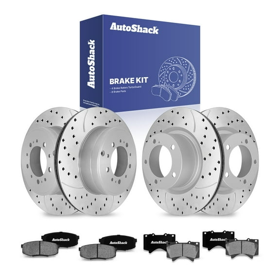 AutoShack Front Vented & Rear Vented Drilled & Slotted Coated Brake Rotors Silver Matte Finish   Ceramic Pads 12-PC Brake Kit Replacement for 2007-2021 Toyota Tundra 2016-2021 Lexus LX570 TurboGuard