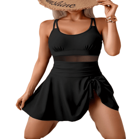 LYMAYTER Women One Piece Swim Dress Summer Tummy Control Tie Knot Swim Dresses Skirt Bathing Suit S-2XL