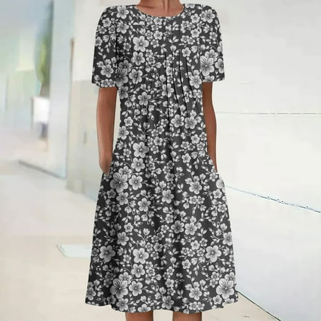 

Summer Dress for Women 2023 Casual Floral Print Bohemian Short Sleeve Beach Sundress Tunic Pockets Midi Dress