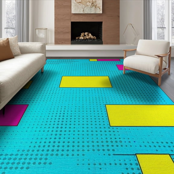 ODIKA 8'x10' Washable Area Rug Non-Shedding, Easy Care, Funky Aesthetic Cartoon Retro Blocks Graphic Bold Outline for King Size Bedroom Under Bed, Master Suite