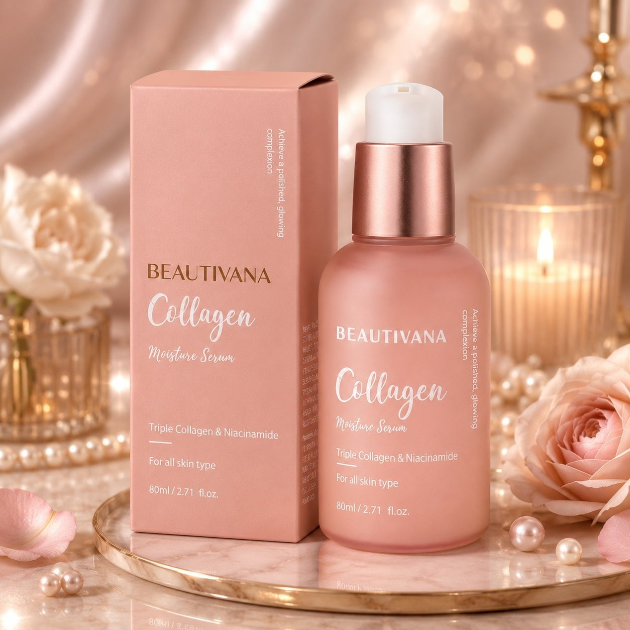 Beautivana Collagen Moisture Serum with Niacinamide and Hyaluronic Acid, 80 mL Hydrating Facial Serum for Smooth, Plump and Radiant-Looking Skin