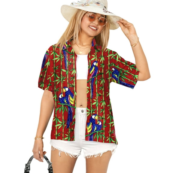 HAPPY BAY Women's Button Down Blouses Summer Beach Party Blouse Shirt Hawaiian T-Shirt Colourful Blouses Button up Short Sleeve Dress Shirts for Women XXL Parrot Leaf, Red
