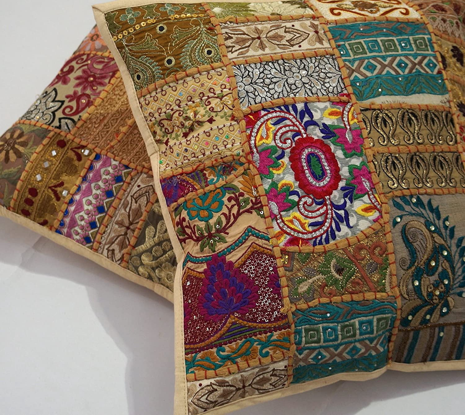 Indian Bohemian Decorative Sofa Throw Pillow Cover 16 Inch Cotton Patchwork Geometric Indian Square Couch Cushion Cover (Size - 40x40 cm ; Color: Beige )