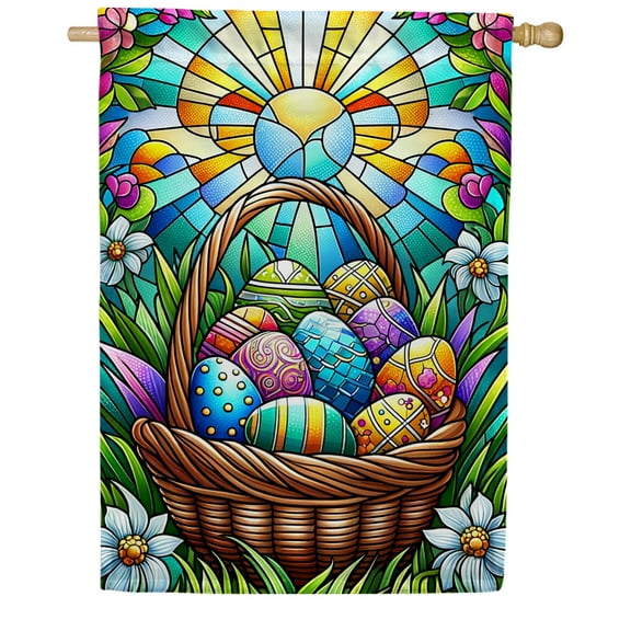 America Forever Easter Basket House Flag 28 x 40 inch Double Sided Floral Flowers Egg Hunt Glass Style Sunrise Small Spring Holiday Seasonal Easter Day Flags for Outdoor Yard Lawn Decoration