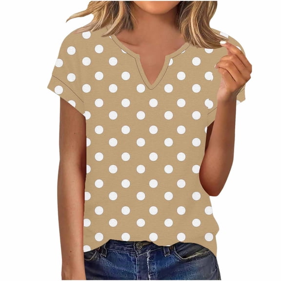 VEKDONE Womens Polka Dot Print Tops Summer Short Sleeve V-Neck Tshirts Casual Loose Fit Lightweight Pullover Top Fashion Basic Tunics Beige L