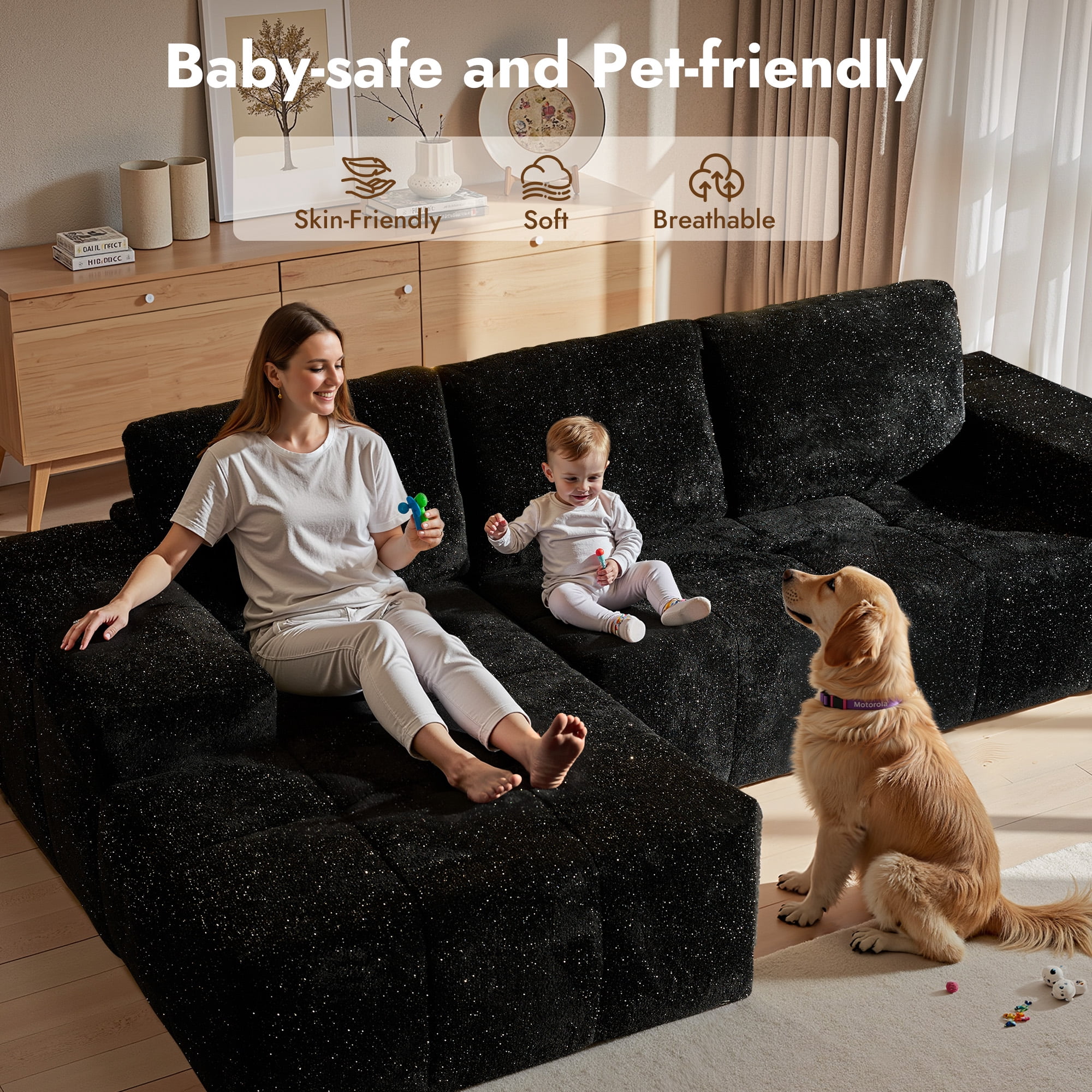 Vcatnet 114.6" Modular Sectional Sofa Couch, Modern Corduroy Cloud Sofa Couch, Oversized L Shaped Couch with Chaise for Living Room, No Assembly Required, Black
