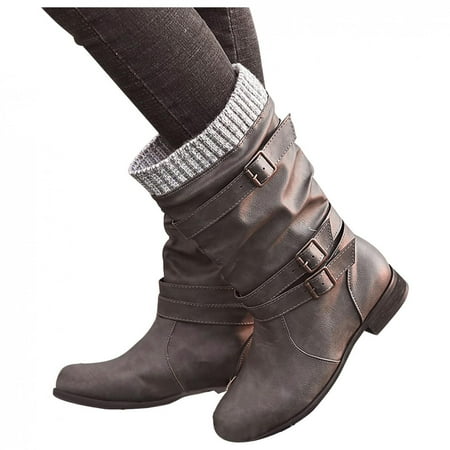NGTEVOOS Women Boots Winter Buckle Strap Chunky Heels Slip On Retro Ladies Footwear Shoes