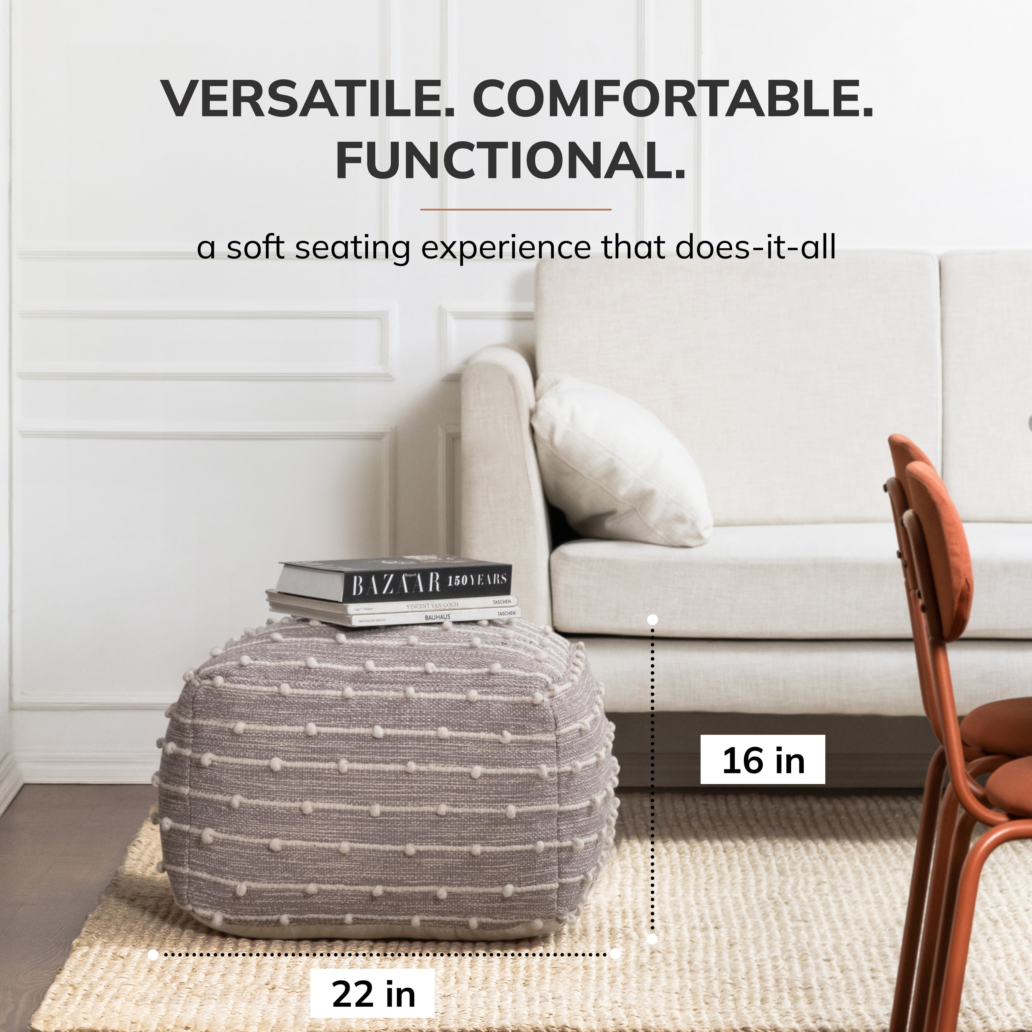 Georgette 22" x 22" x 16" Gray & Ivory Pouf