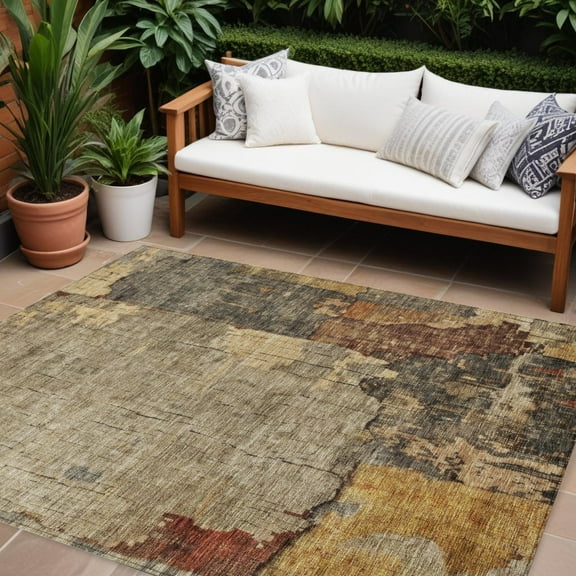 HomeRoots 606040 8 x 10 ft. Khaki, Charcoal & Terra Cotta Abstract Washable Indoor & Outdoor Rectangle Area Rug