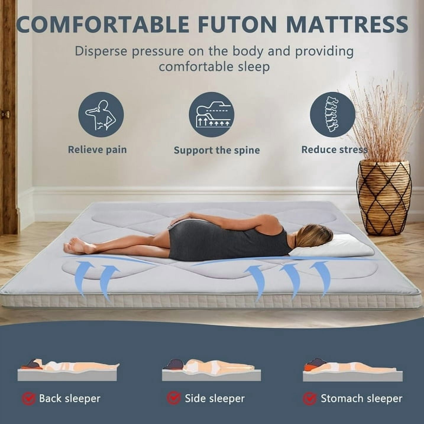 ABORON Japanese Floor Mattress Futon Mattress Queen Size, Thicken Tatami Mat Sleeping Pad Foldable Roll Up Mattress Gray