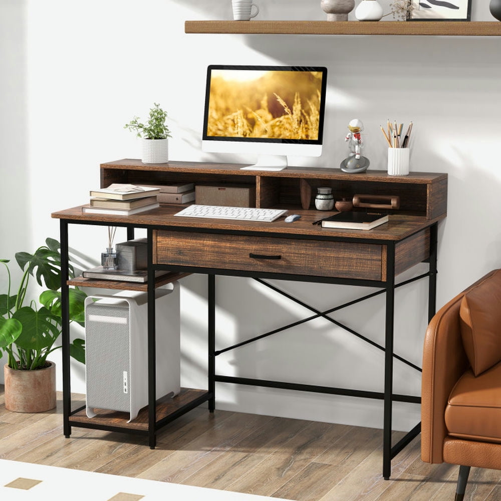Demi Bonn 48" Computer Desk with Monitor Stand Drawer and Shelves, Small Home Office Desk Study Writing Table, Brown