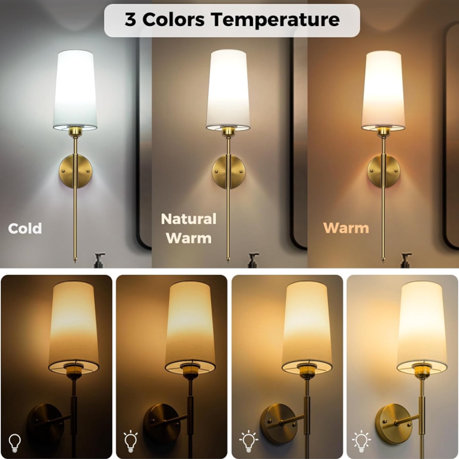 Wall Sconces Set of 2, Battery Operated Wall Sconces with Remote Control,3000K-5000K 3 Colors Rechargeable Wireless Wall Light for Bedroom, Hallway