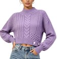 thumbnail image 4 of Women's Mock Neck Cable Knit Sweater, Long Sleeve Cropped Pullover, Loose Button Detail Knitted Jumper, Warm Casual Tops for Fall Winter Daily Wear Purples One Size, 4 of 5
