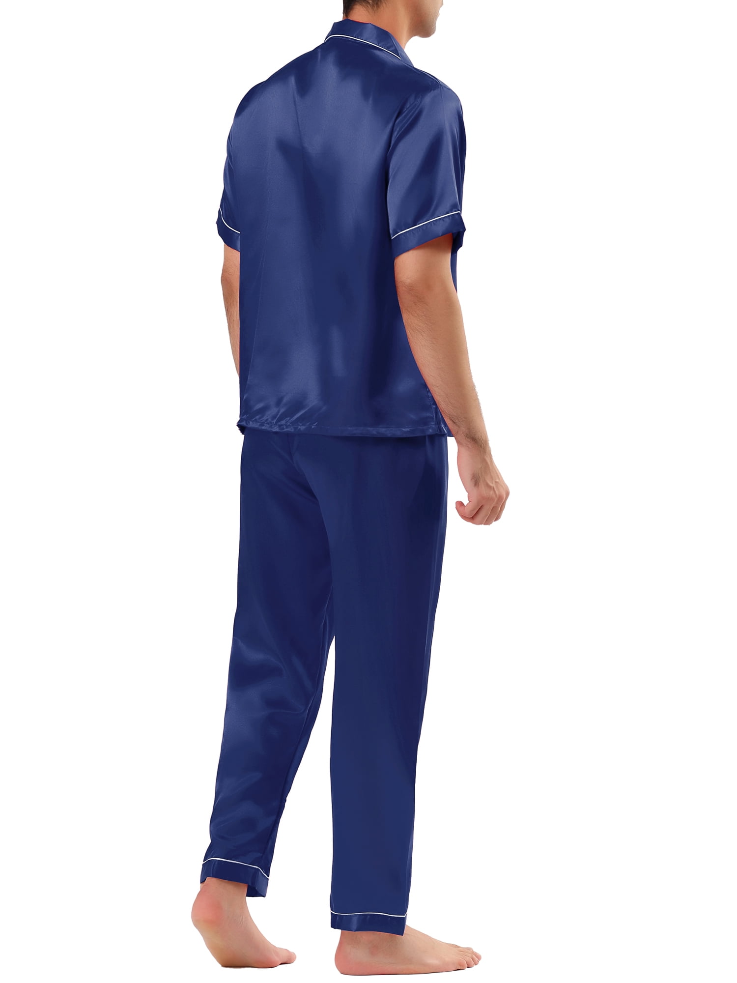 Unique Bargains Men's Button Down Satin Pajama Sets Short Sleeves Nightwear X-Large Blue