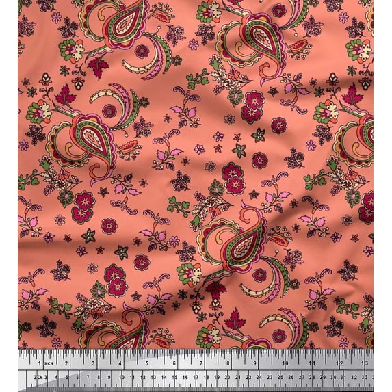 Soimoi Orange Georgette Viscose Fabric Floral & Paisley Print Sewing Fabric Yard 42 Inch Wide