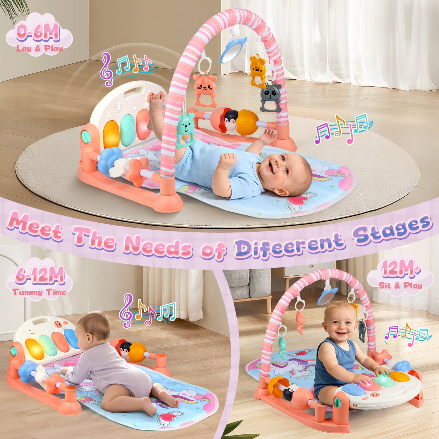 UUSUOO Baby Gym Play Mat,Baby Tummy Time Mat Musical Activity Center Play Piano Gym with 5 Sensory Toys,Music & Lights & Projection,Boys & Girls Gift for Newborns 0-3-6-9-12 Months