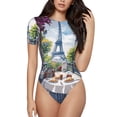 thumbnail image 1 of Saiise Café Parisien avec Motif Eiffel Combinaison à Manches Courtes pour Femmes Pyjama Col Rond Justaucorps Extensible avec Fermeture à Pression-TTTG, 1 of 7