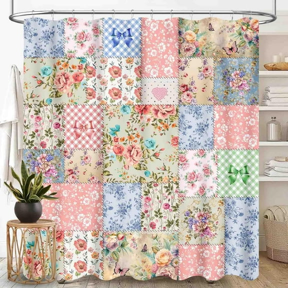 Patchwork Floral Shower Curtain for Bathroom, Boho Vintage Flower Bohemian Colorful Spring Retro Pattern Stitching Bohemian Waterproof Fabric Shower Curtain Set with Hooks-72"W x 86"L (Pack of 1)