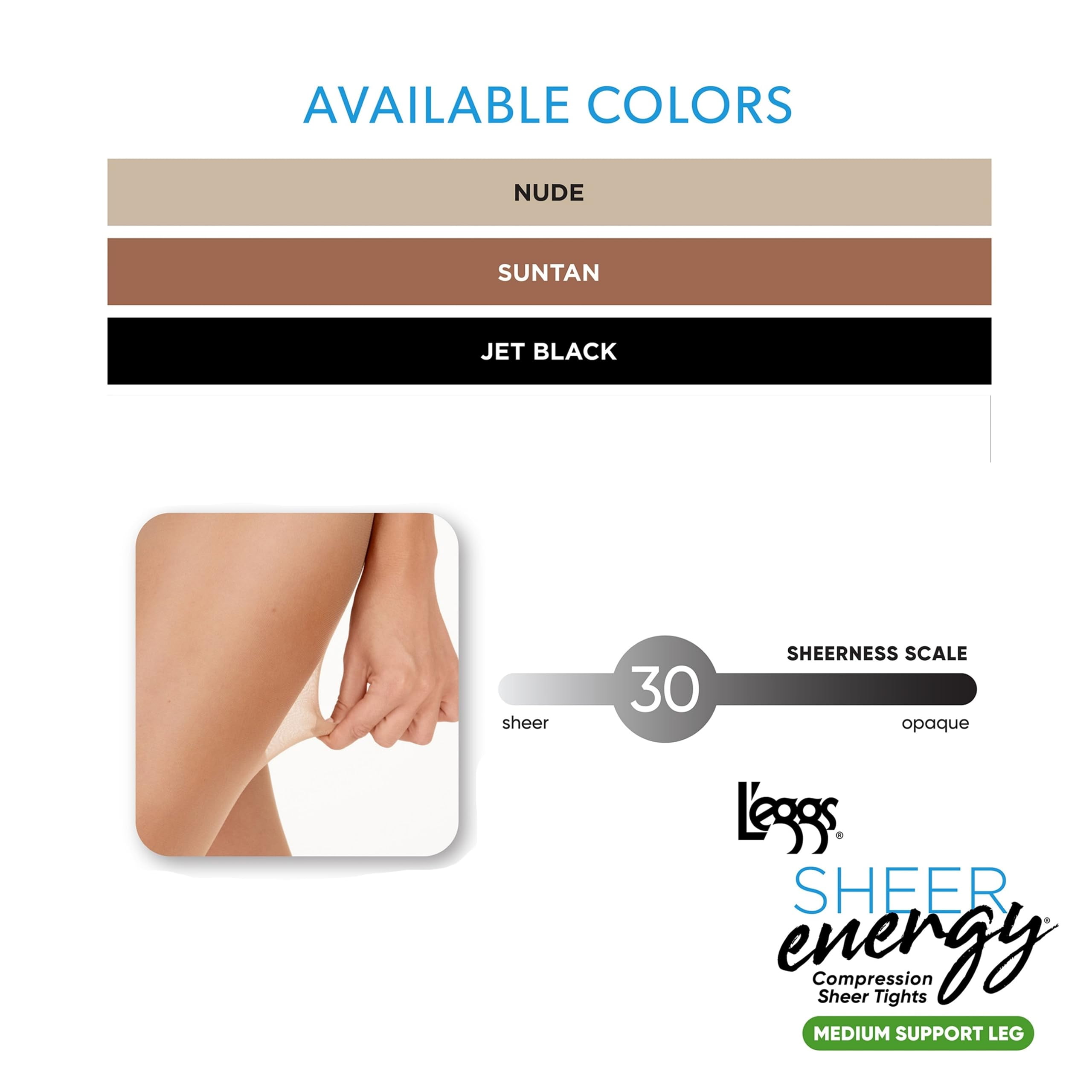 L'Eggs Sheer Energy Medium Support Leg Control Top Wicking Sheer Toe Pantyhose