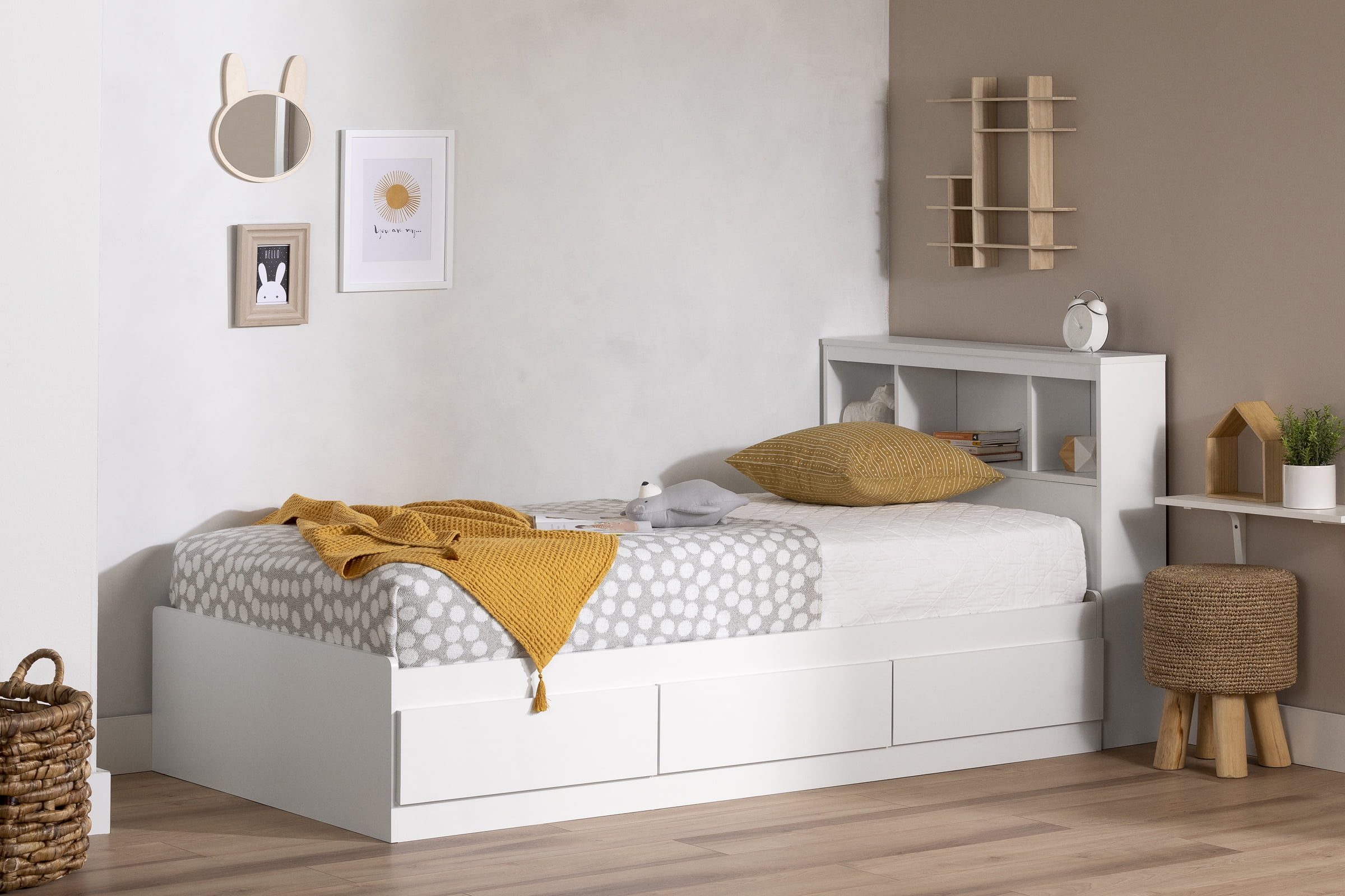South Shore Reevo Twin Mates Bed with Bookcase Headboard Set, in Pure White