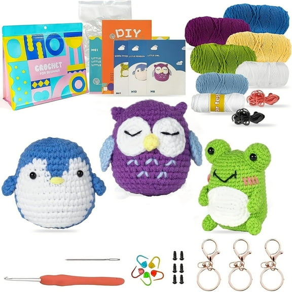 Crochet Kit - Crochet Kit for Beginners Kids,Crochet for Beginners,Knitting kit,Crochet Hook,Beginner Crochet kit for Adults,Knitting kit for Beginners Adult (Frog, OWL and Penguin - 3 Units)