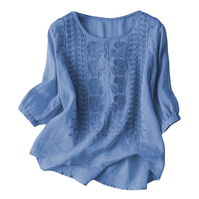 Camiseta con bordado floral en el cuello para mujer: prenda informal de verano con diseño en color liso, mezcla de lino ligera, fácil de cuidar.