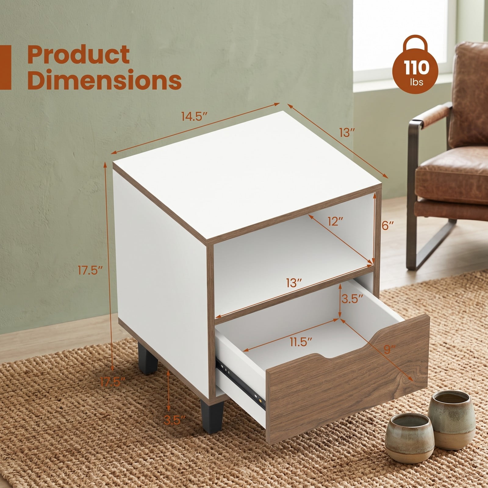 Furnibear Nightstand with Drawer and Open Storage Shelf, Two-tone Bedside Table with Metal Legs for Bedroom and Sofa Side, White