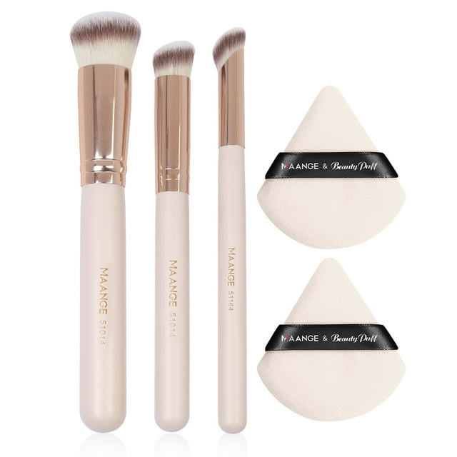MAANGE 3Pcs Makeup Brushes + 2Pcs Triangle Powder Puff Set - No-Stroke Concealer Eye Shadow Makeup Brush Blending Beauty Tools (Apricot)