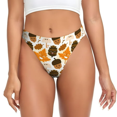 Qokaie Autumn Woodland Characters Printed Women s Cotton Thong Underwear  Sexy Breathable Panties G-string-Large