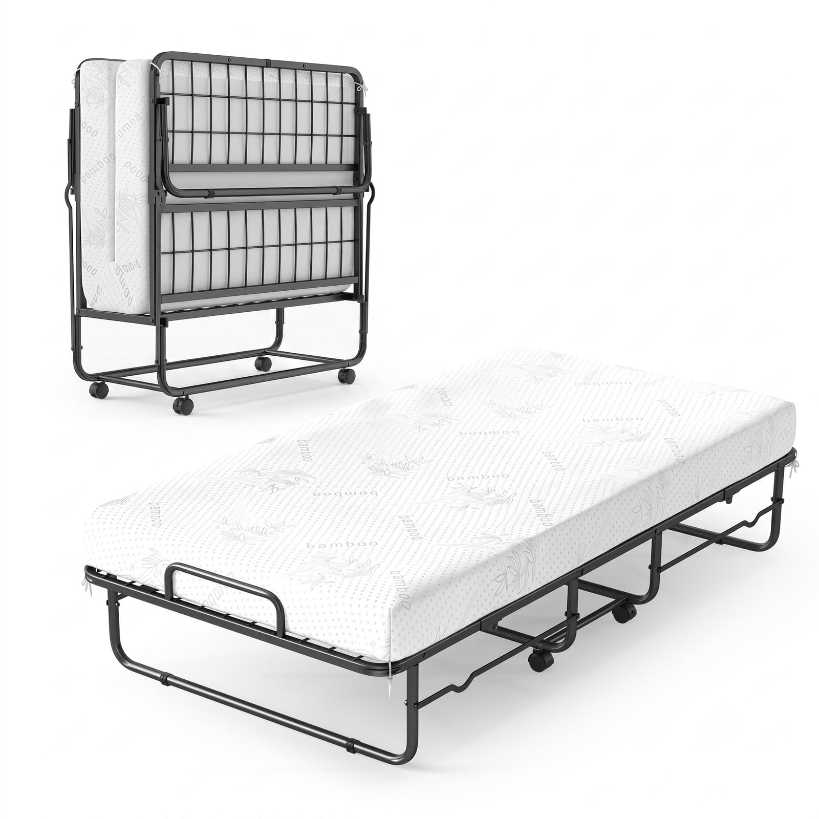 Furnibear Twin Bed Frame, Twin Folding Bed with 5 Inch Mattress, Rollaway Bed with Heavy Duty Metal Frame and Wheels for Guest Room, White and Black