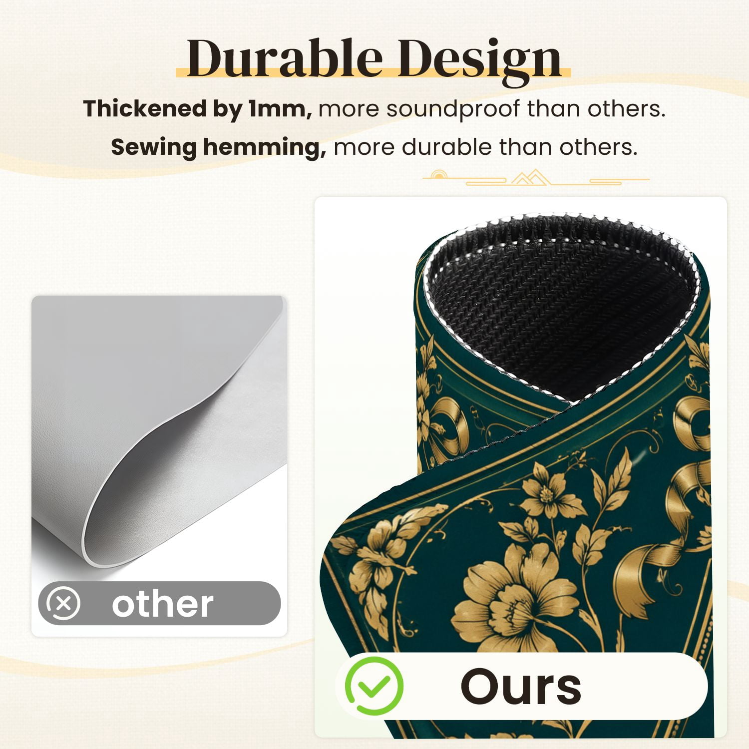 Mahjong Mat 31.5" x 31.5" Elegant Dark Green Gold Floral Ornamental Frame Ribbons Border Non-Slip Noise Reduction Mahjong Tiles Table Cover for Dominoes Poker Card Board and Tile Games