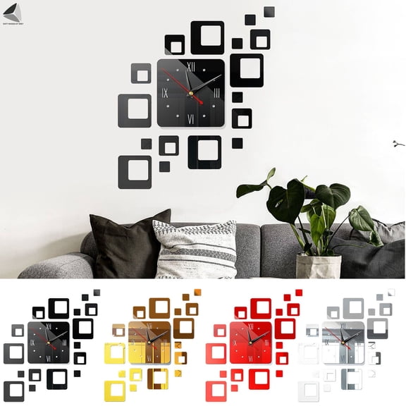 PULLIMORE Modern DIY Large Wall Clock 3D Mirror Surface Clock Sticker Art Design Home Living Room Office Bedroom Decor (Black)