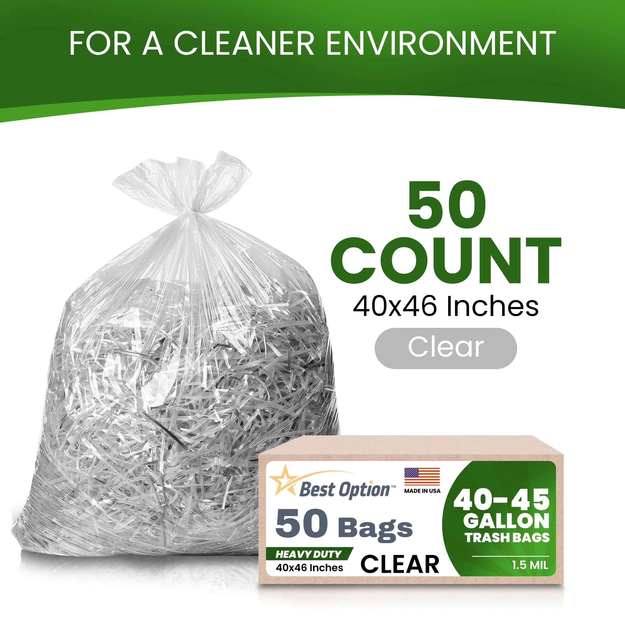 Best Option 40-45 Gallon Clear Trash Bags, 50 Count Box, (40x46-inch) Commercial Heavy-Duty Garbage and Recycling Can Liners