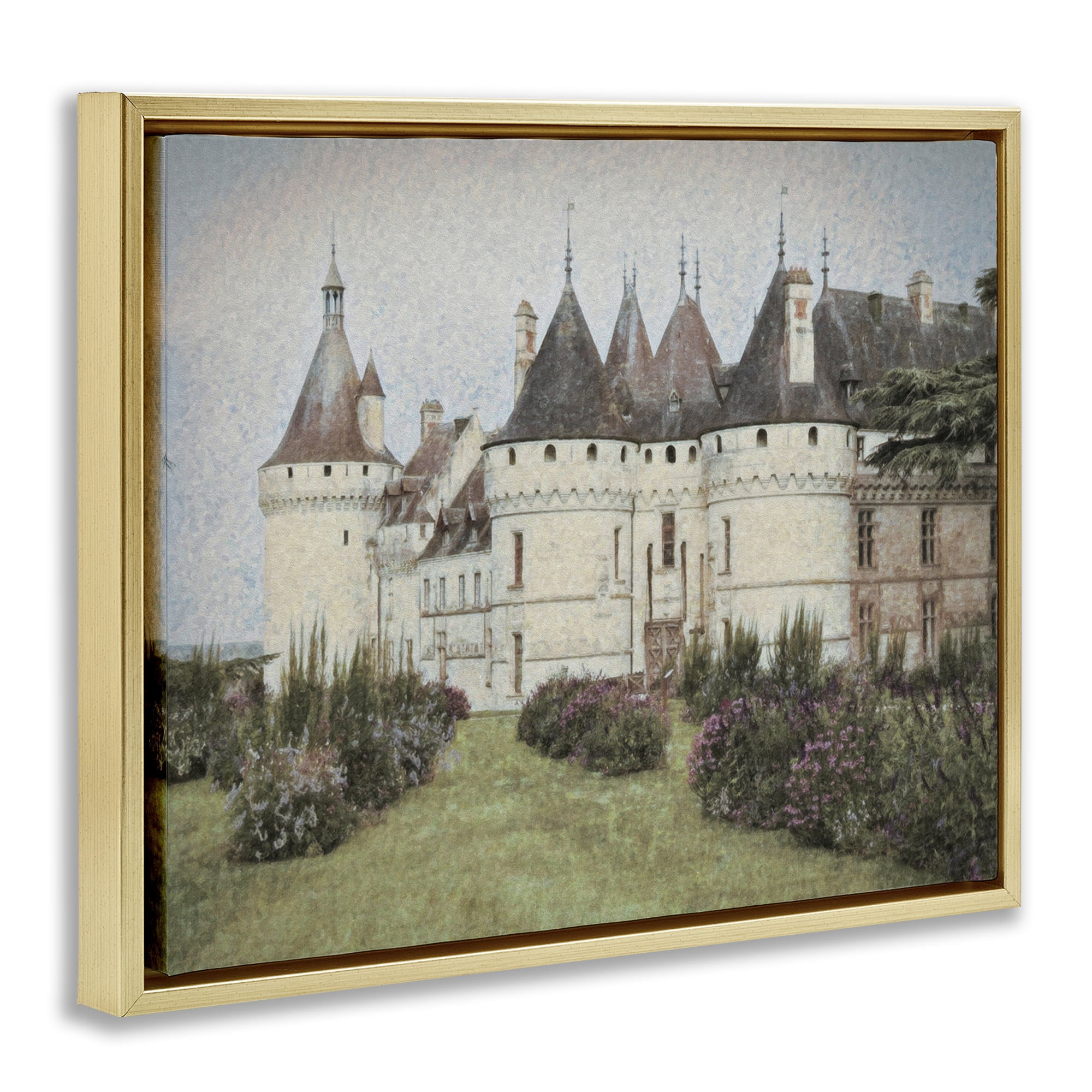 Stupell Industries French Castle Landmark Buildings & Architecture Painting Gold Floater Framed Canvas Art Print Wall Art, 21 x 17