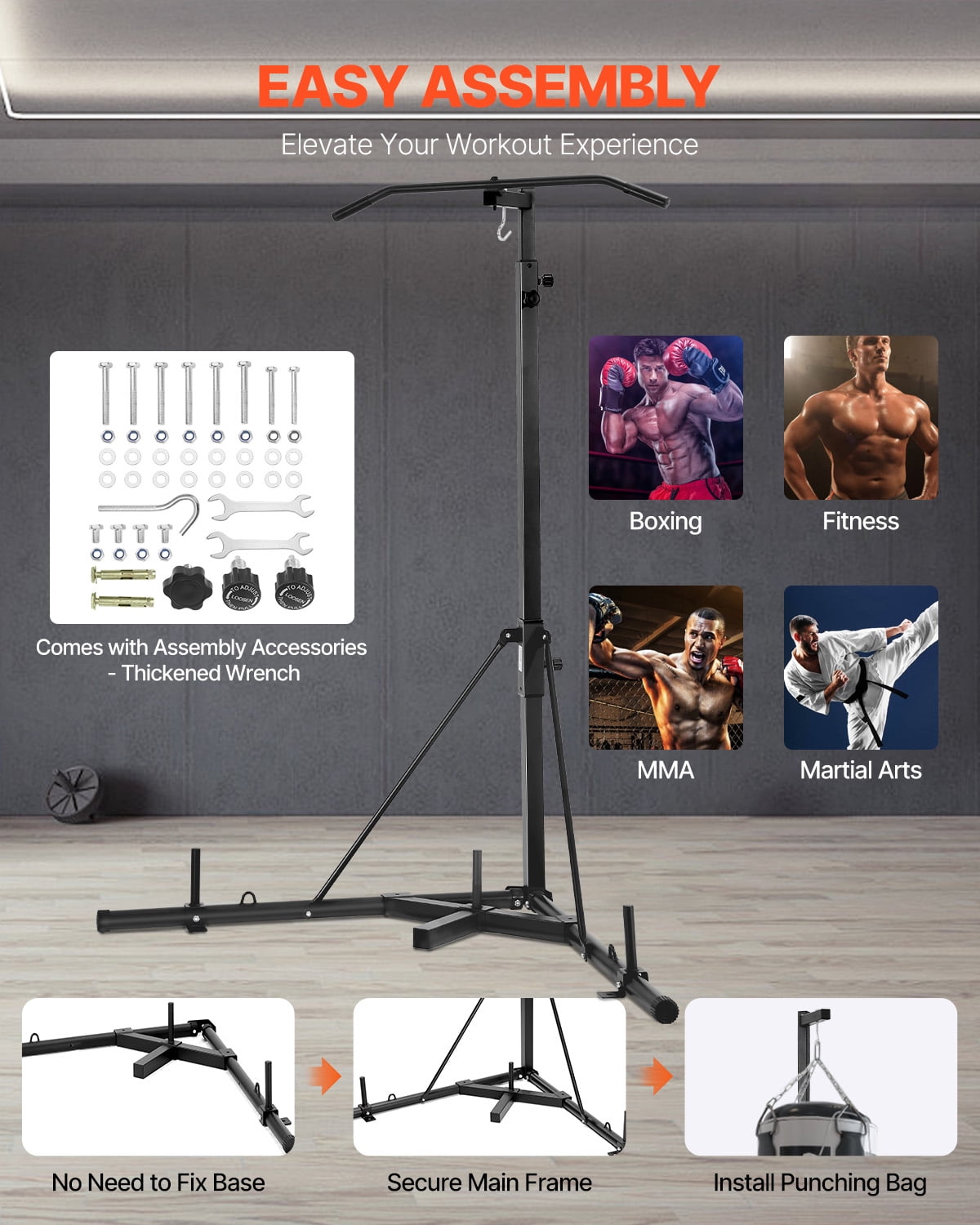 VEVOR 2 in 1 Punching Bag Stand, Steel Heavy Duty Workout Equipment, Adjustable Height Boxing Punching Bag Stand with Pull Up Bar,Freestanding Sandbag Rack,Holds Up to 140 lbs, for Home Gym Fitness