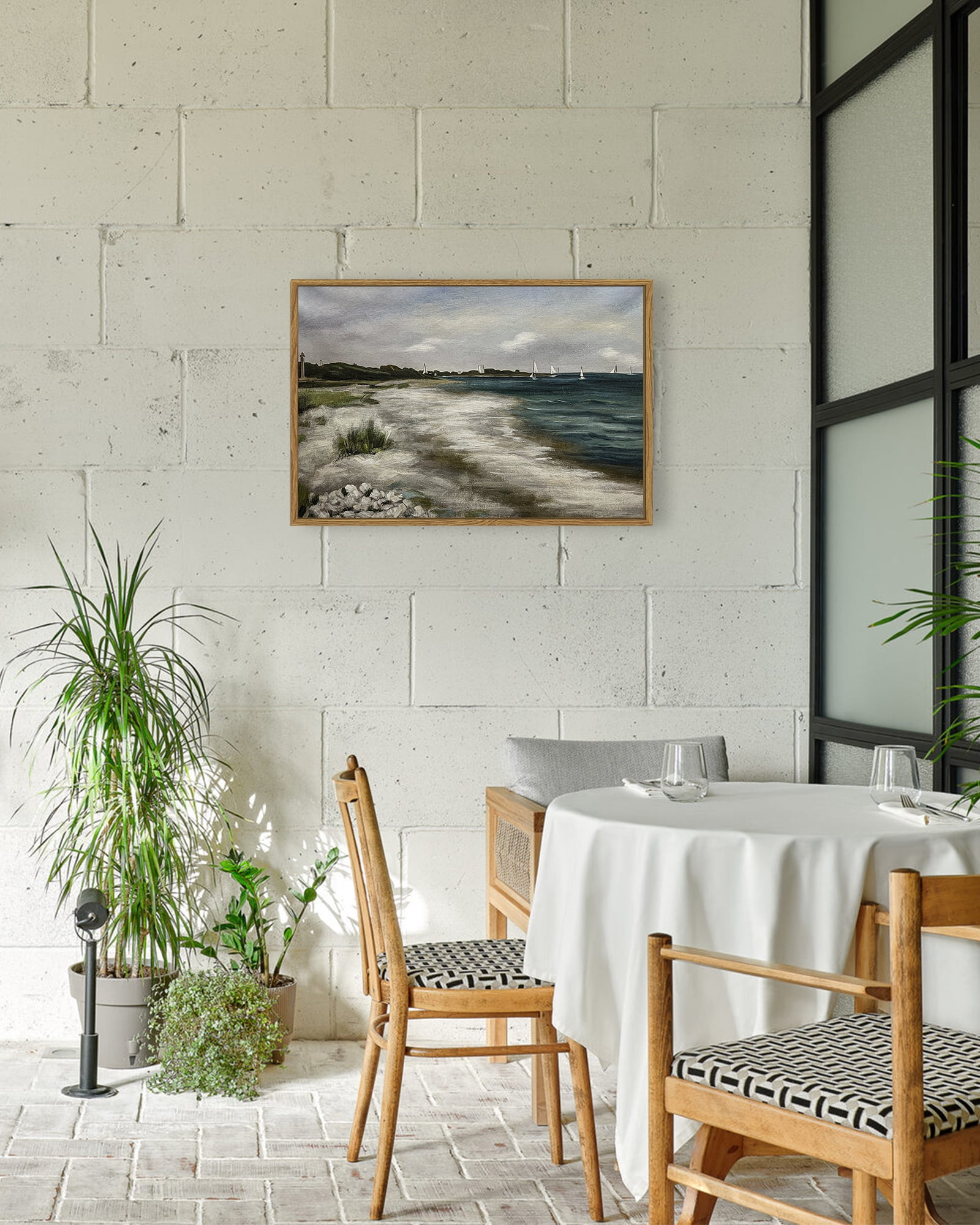 Drsoum 16x24in Coastal Wall Art Vintage Classical Ocean Painting Rural Hallway Bedroom Living Room Farmhouse Room Decor - Natural Framed