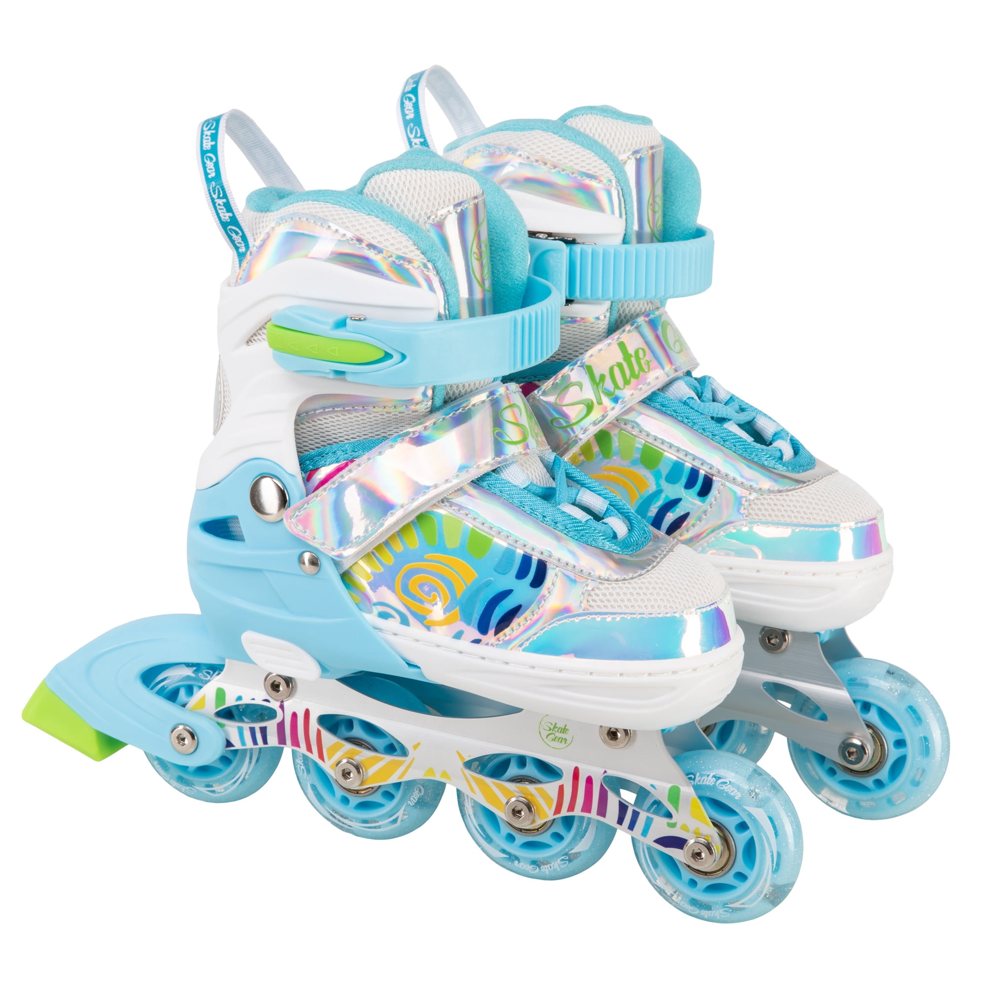 Skate Gear Rainbow Adjustable Light up Inline/Quad Roller Skates for Girls and Boys (Blue - Inline, Large)
