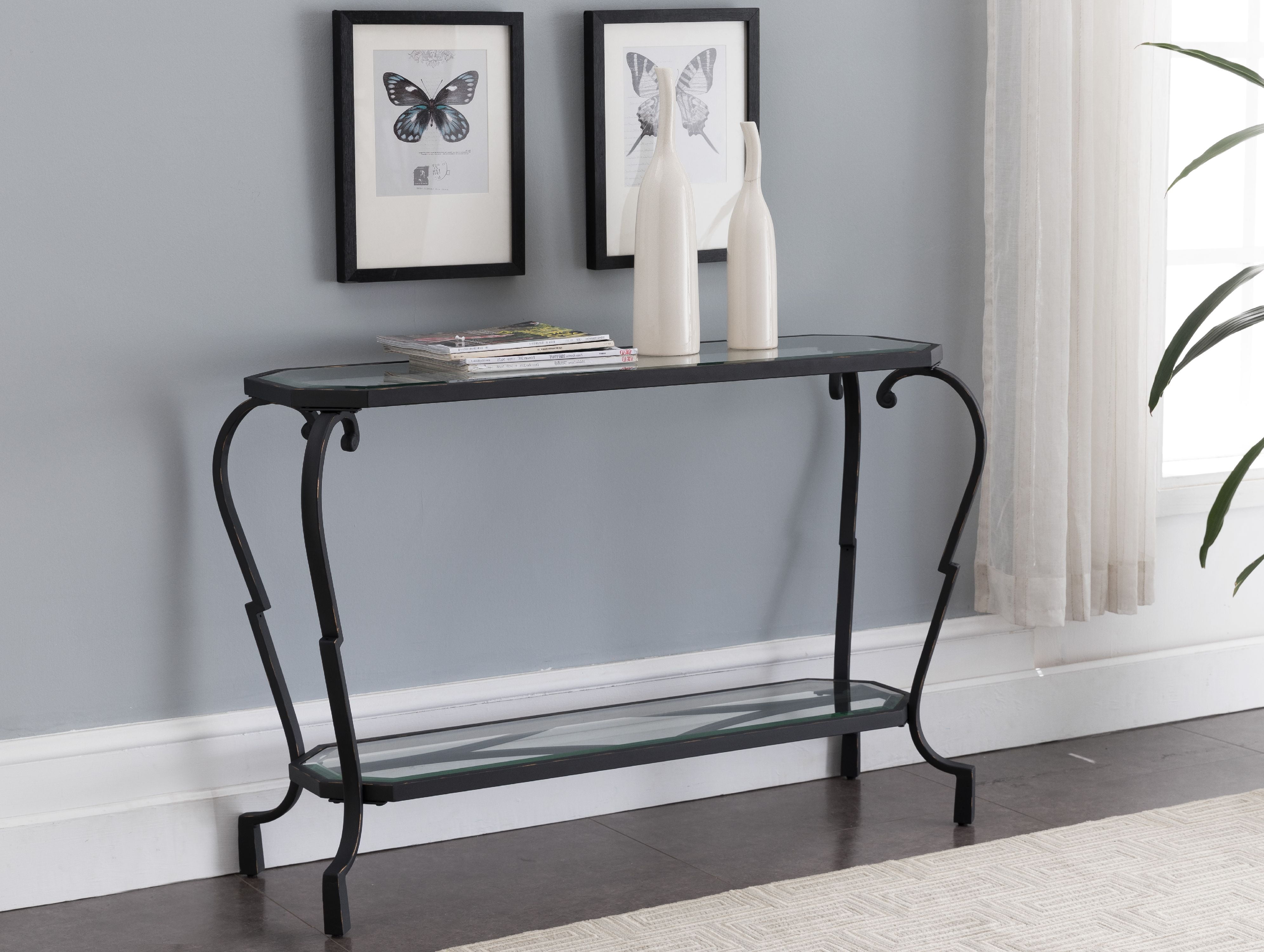 Jordan Modern Entryway Console Table, Textured Black & Brushed Copper