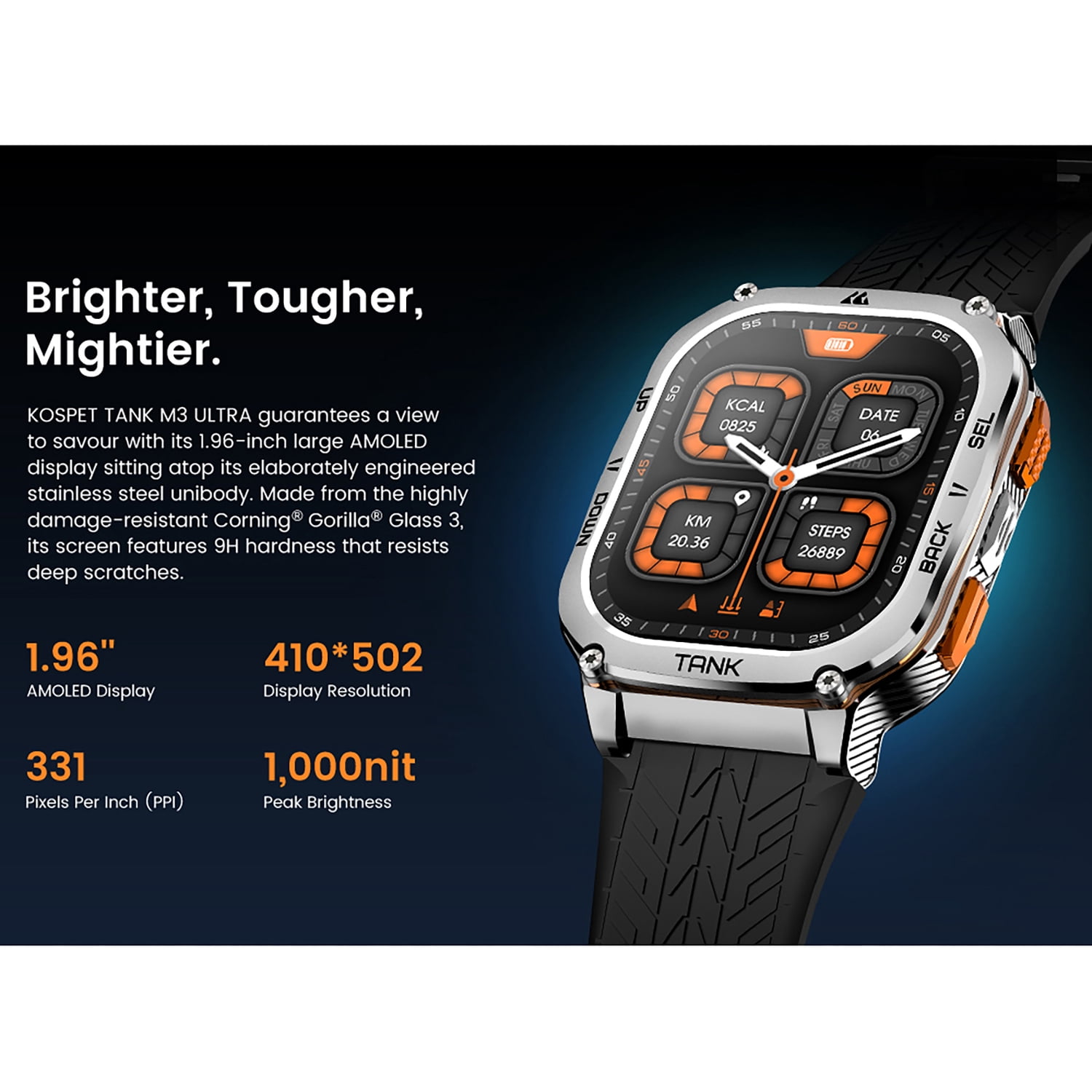 KOSPET TANK M3 Ultra Special Edition 1.96-In.-AMOLED GPS Smartwatch with Stainless Steel Band (Black), P-MUS002-B
