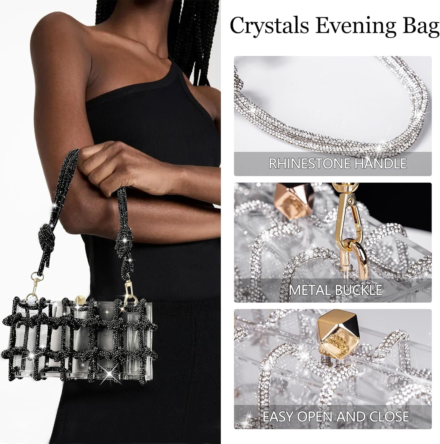 SQDWYGG Clear Acrylic Purse Bag with Rhinestones Clutch Purse Evening Clutches for Wedding and Party,1,1,1,Black,Acrylic,Black,Top-Handle Bag,Small