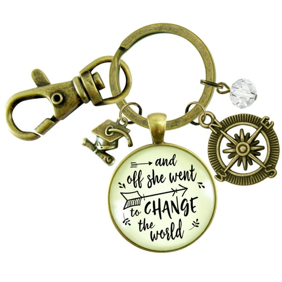And Off She Went to Change the World Graduation Gutsy Goodness Bronze Keychain Compass Charm Womens Jewelry
