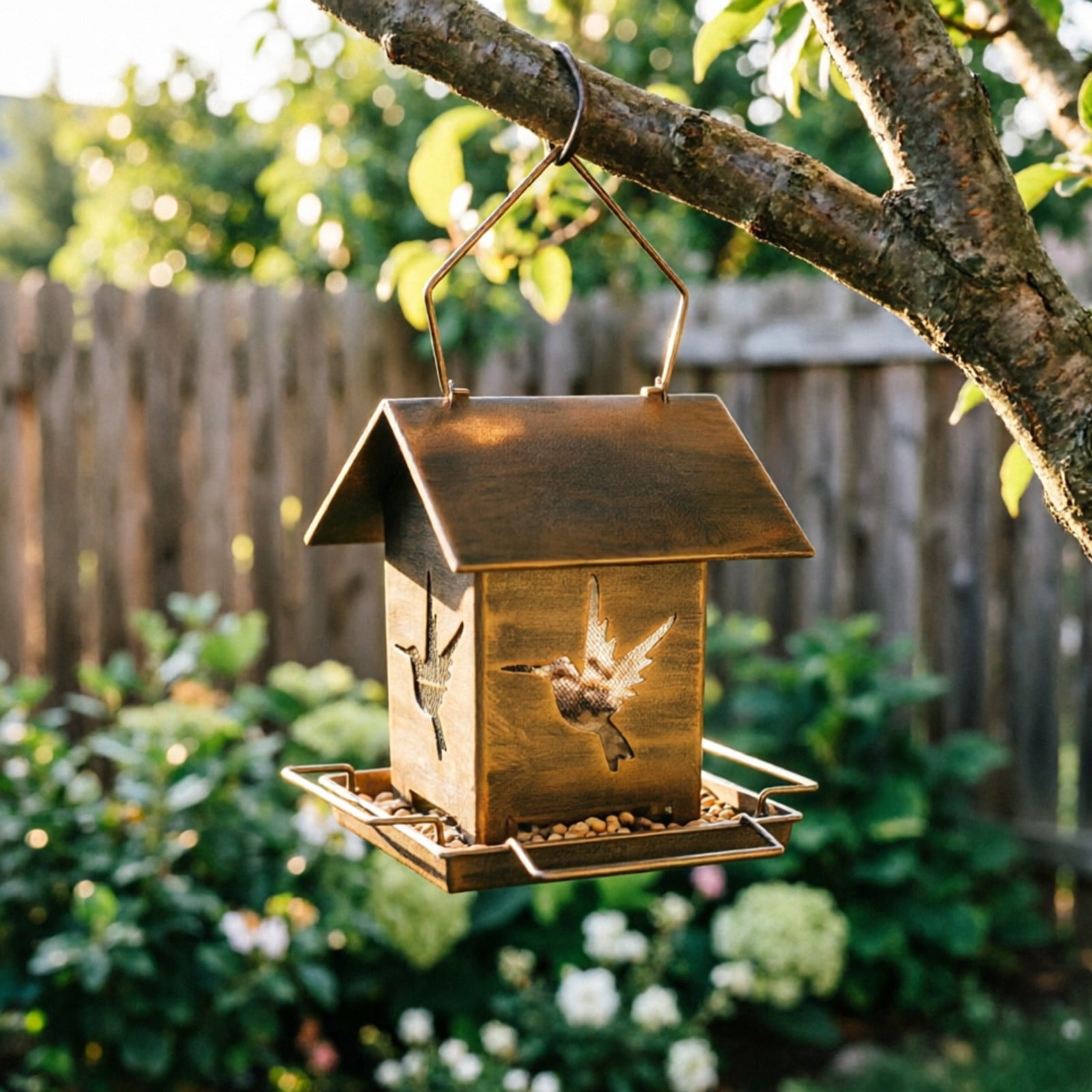 12.2in Antique Bronze Hummingbird Feeder, Metal Hanging Wild Bird Feeder, Large Capacity Weatherproof Outdoor Garden Decor
