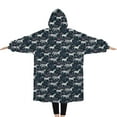 thumbnail image 2 of Oversized Wearable Blanket Hoodie,Dark Blue Cartoon Horse Flower Pattern Sherpa Blanket Hoodie with Super Pockets,Super Warm Fuzzy Pullover for Women & Men, 2 of 6