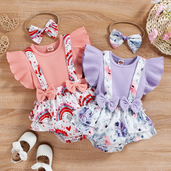 Ulanda Baby Girl Clothes Summer Outfit Romper Skirt Ruffle Sleeve Cute Bow Headband Infant Bodysuit Set 0-18 Months (Purple, 9-12 Months)