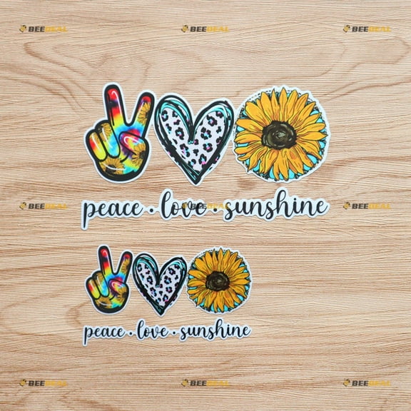 Peace Love Sunshine Hand Sign Love Heart Sunflower Pink Leopard Colorful Sticker Decal Vinyl - 2 Pack Reflective, 4 Inches, 6 Inches - for Car Boat Laptop Cup