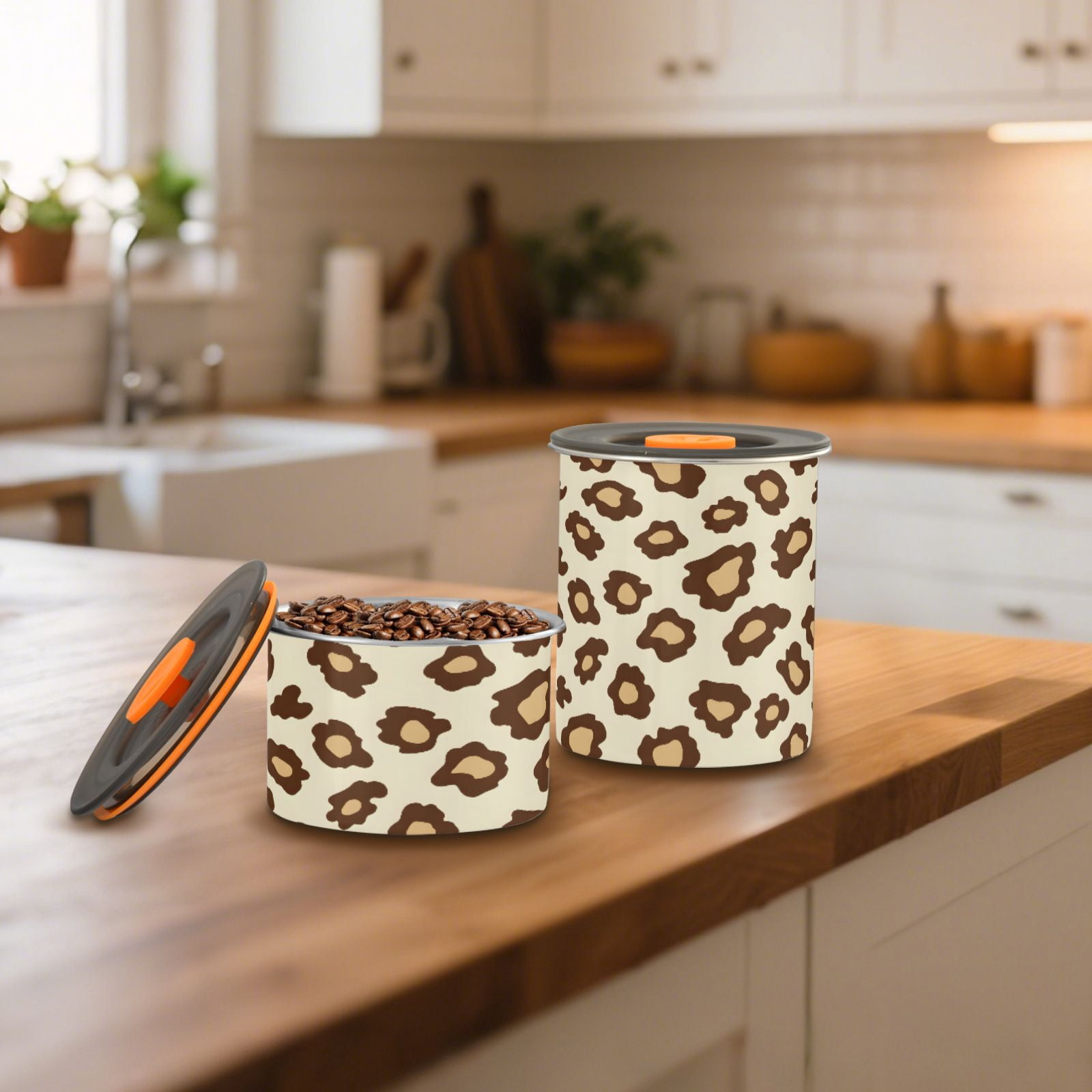Off White Cheetah Leopard Print Airtight Coffee Bean Canister 30oz Food Storage Containers with Lids For Gournd, Tea, Sugar, Flour, Rice, Cereal, Candy Cookie Jar