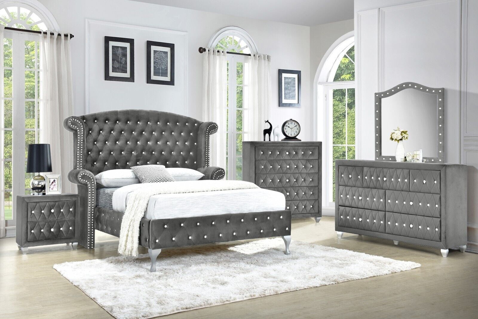 Modern 6Pc King Size Bed Dresser Mirror Nightstand Chest Set Master ...