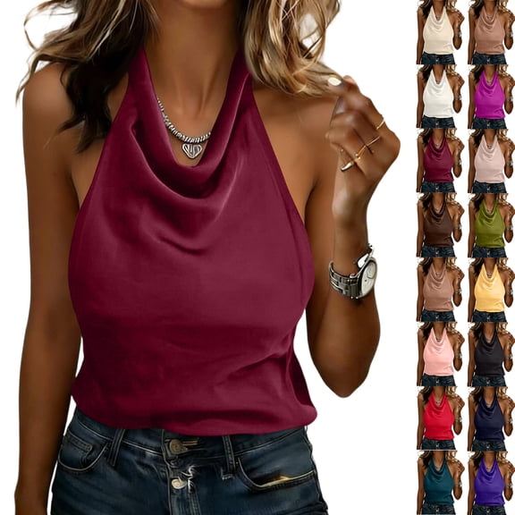 Silk Satin Halter Tops for Women Summer 2026 Cowl Neck Tie Back Going Out Sleeveless Business Casual Tank Top Featuring Sleeveless Silky Blouse Army Green L