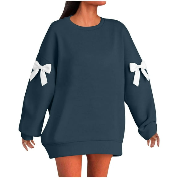 XFLWAM Womens Plus Size Sweatshirts Long Sleeve Bow Drop Shoulder Pullover Tops Crew Neck Casual Loose Fit Sweat Shirts